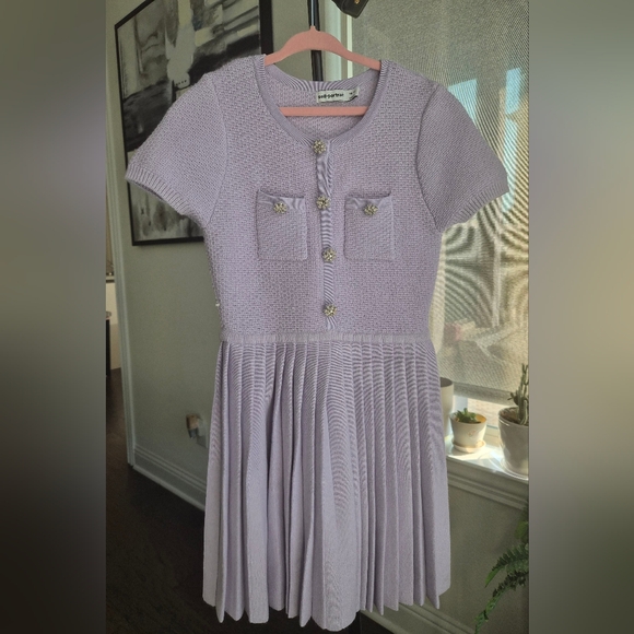 Self-Portrait Kid Lilac Knit Front Accent Buttom Pleated Dress UK 7-8